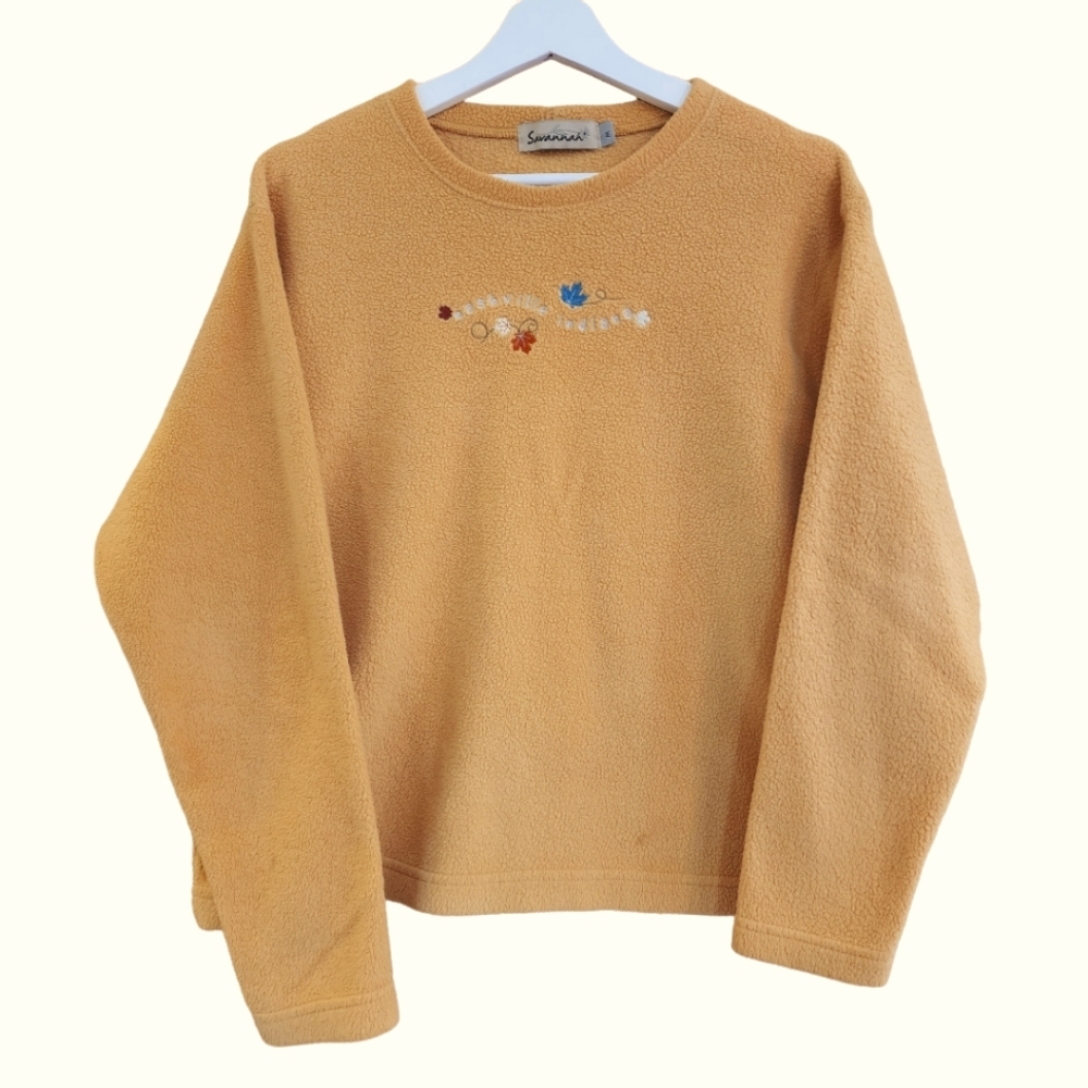 Savannah Womens Yellow Embroidered Soft Pullover Crewneck Sweater Size Medium
